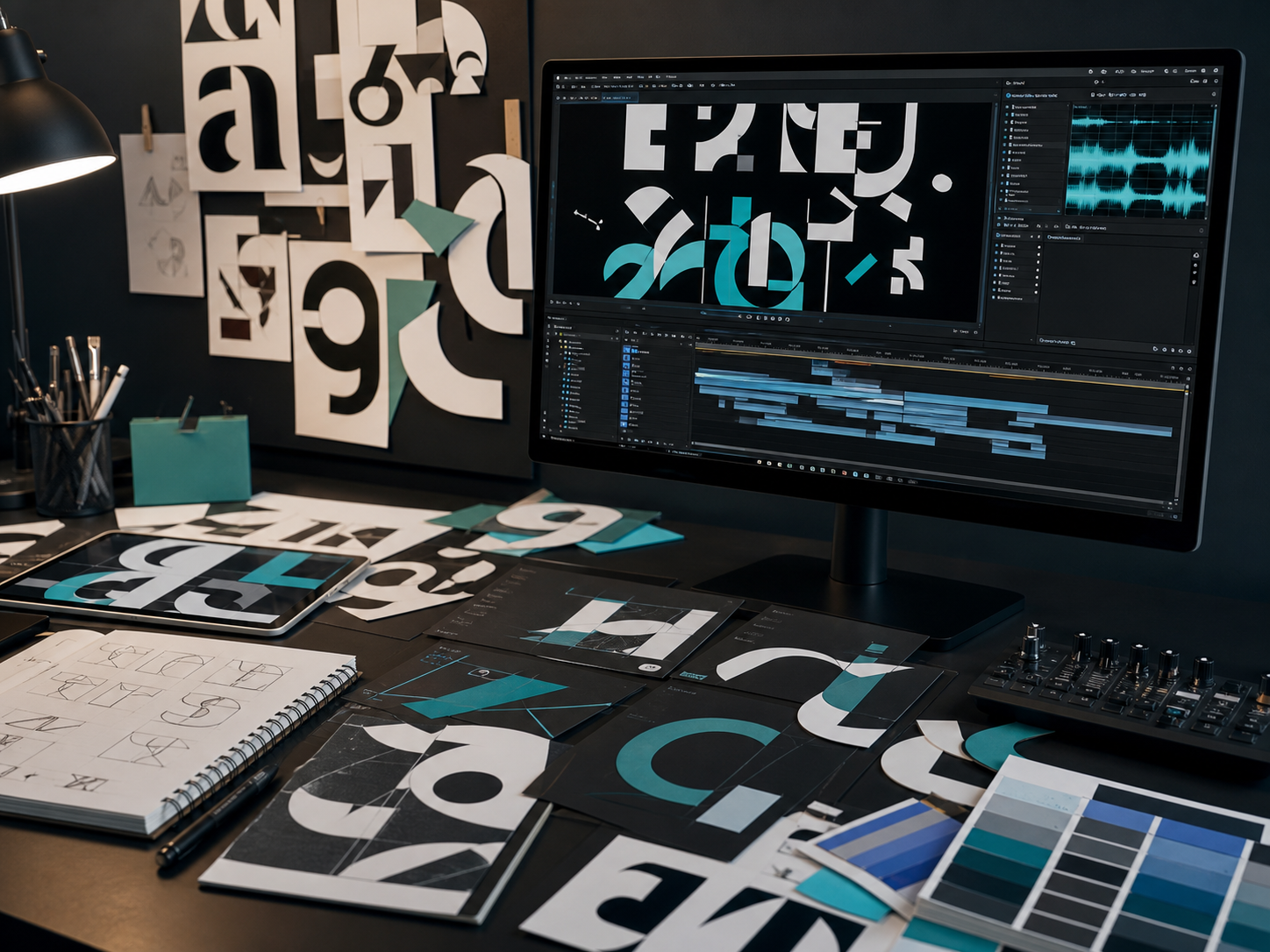 Typography video timeline with text frames, sound beats, and motion notes