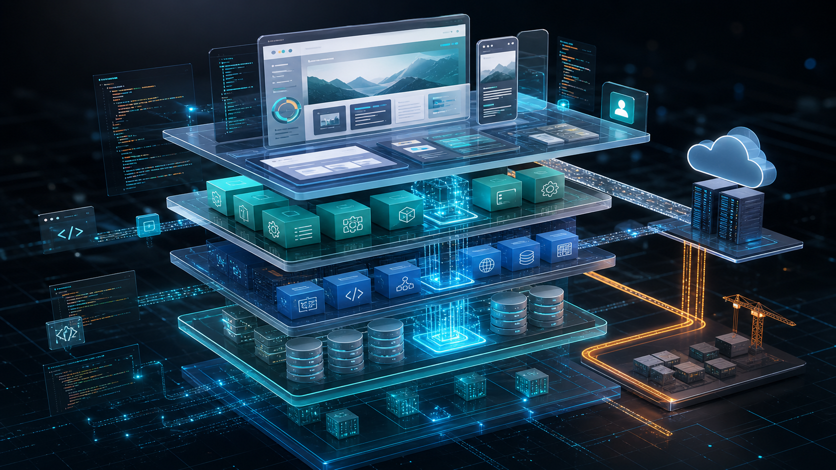Web development architecture with front end, backend, API, and deployment layers