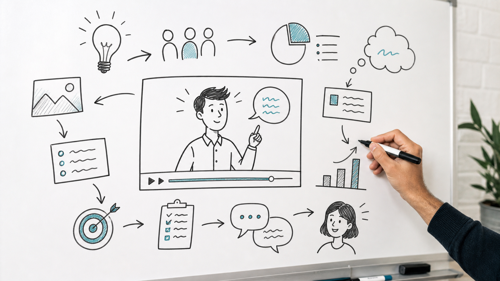 Whiteboard animation scene with illustrated ideas and hand-drawn story elements