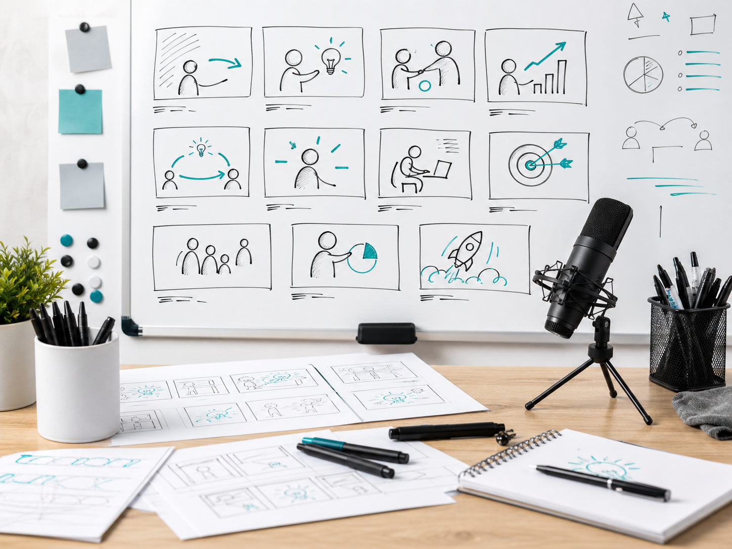 Whiteboard video storyboard with sketched frames and voiceover notes
