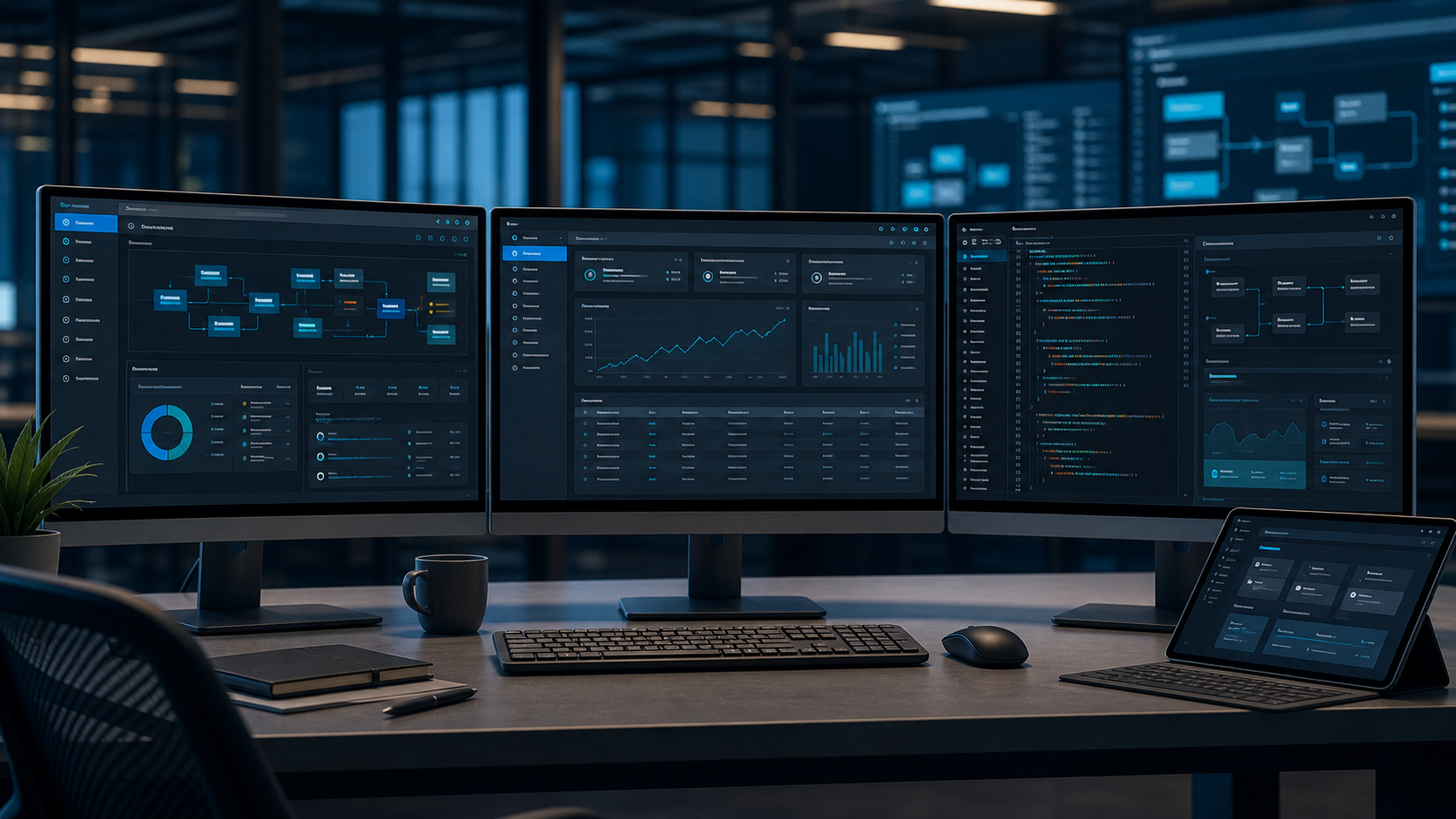 Windows app development workspace with desktop application interface and enterprise dashboard