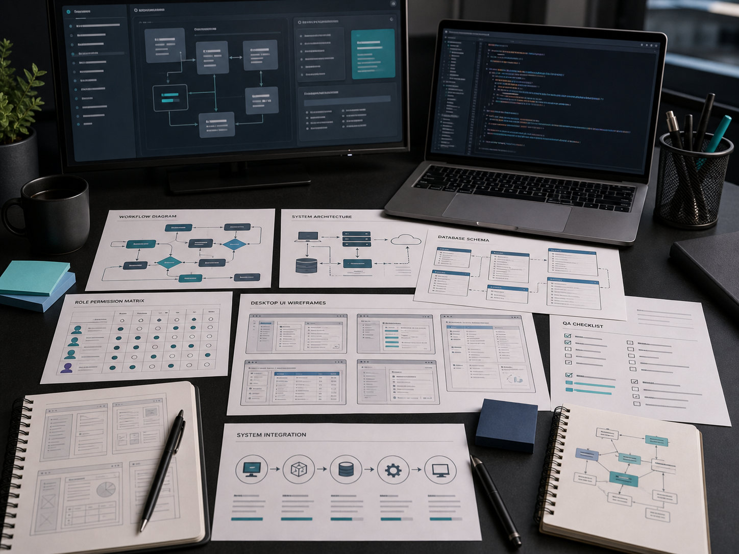 Windows app development workflow with desktop UI wireframes, system diagrams, and QA checklist